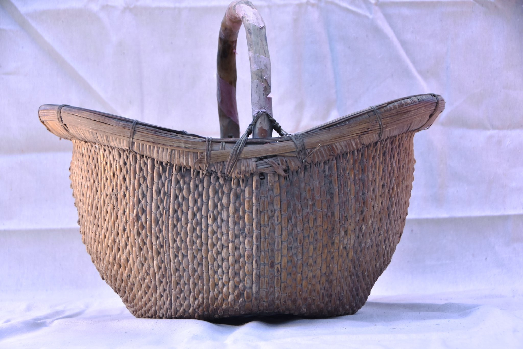 Antique Oval Woven Reed Gathering Basket with Wooden Handle