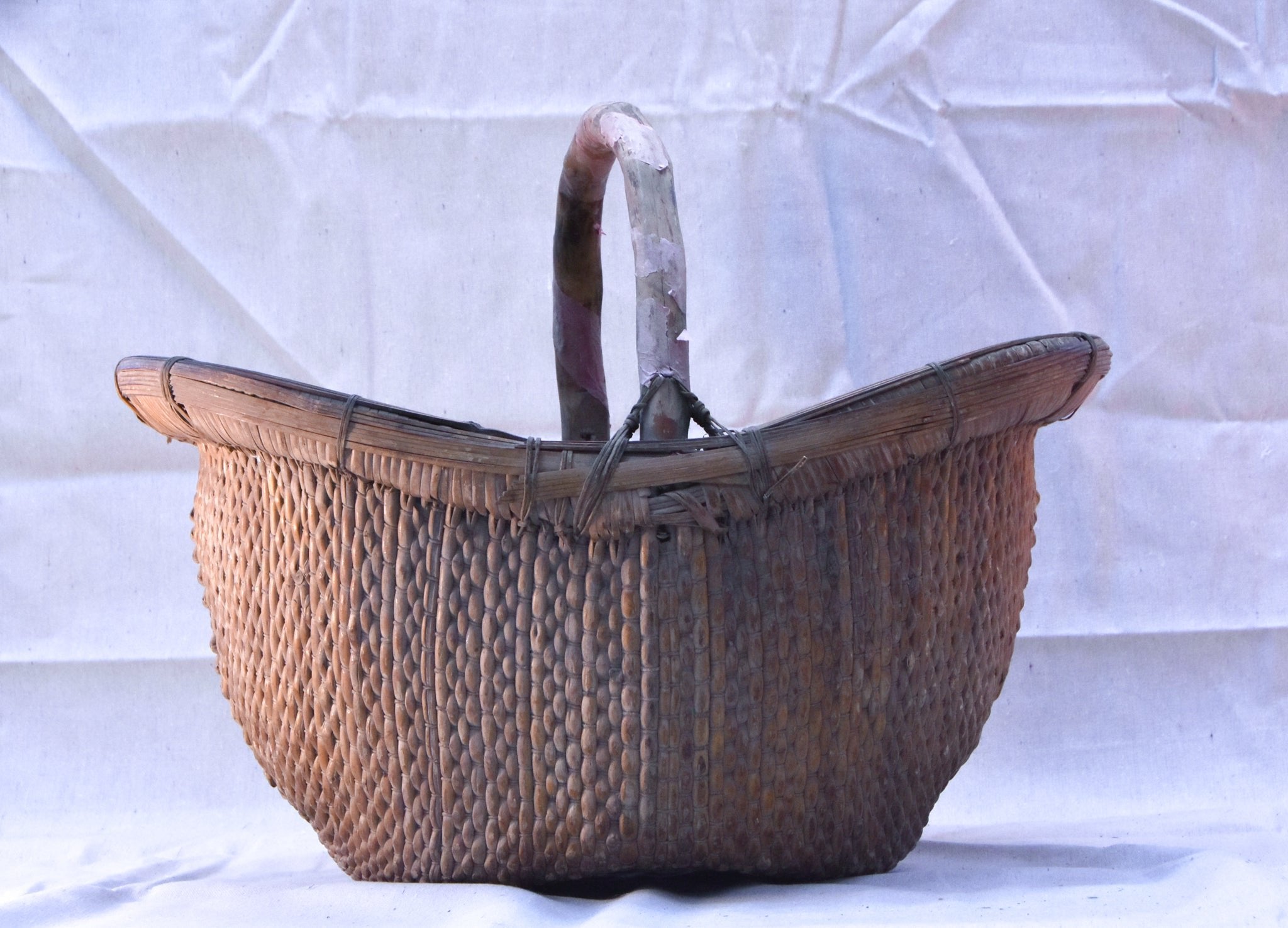 Antique Oval Woven Reed Gathering Basket with Wooden Handle