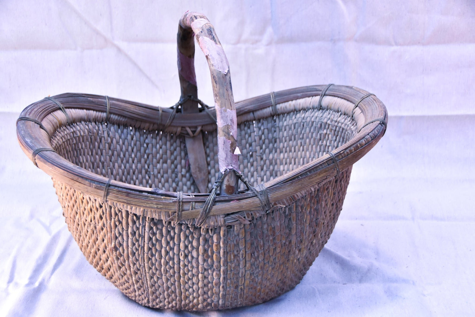 Antique Oval Woven Reed Gathering Basket with Wooden Handle