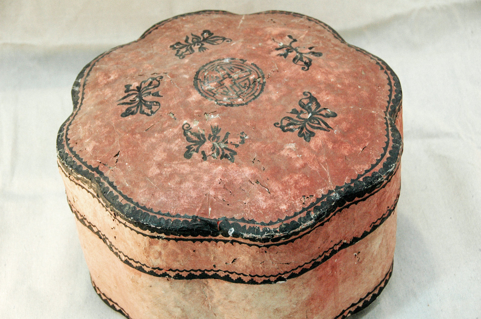 Antique Asian Paper Mache Hat Box - Red