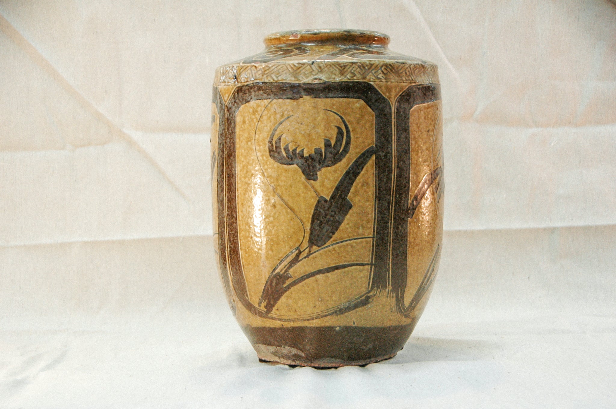 Antique Water Jar - Green Base, Brown Calligraphy