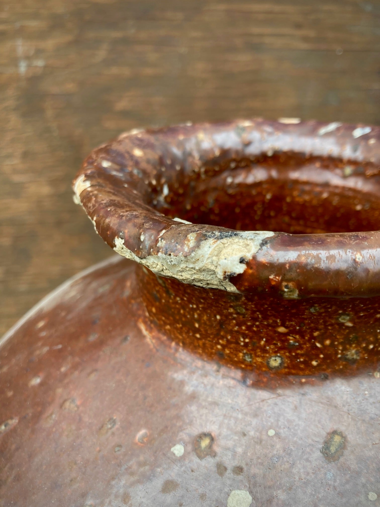 Antique Ceramic Glazed Pot- Crusty & Brown