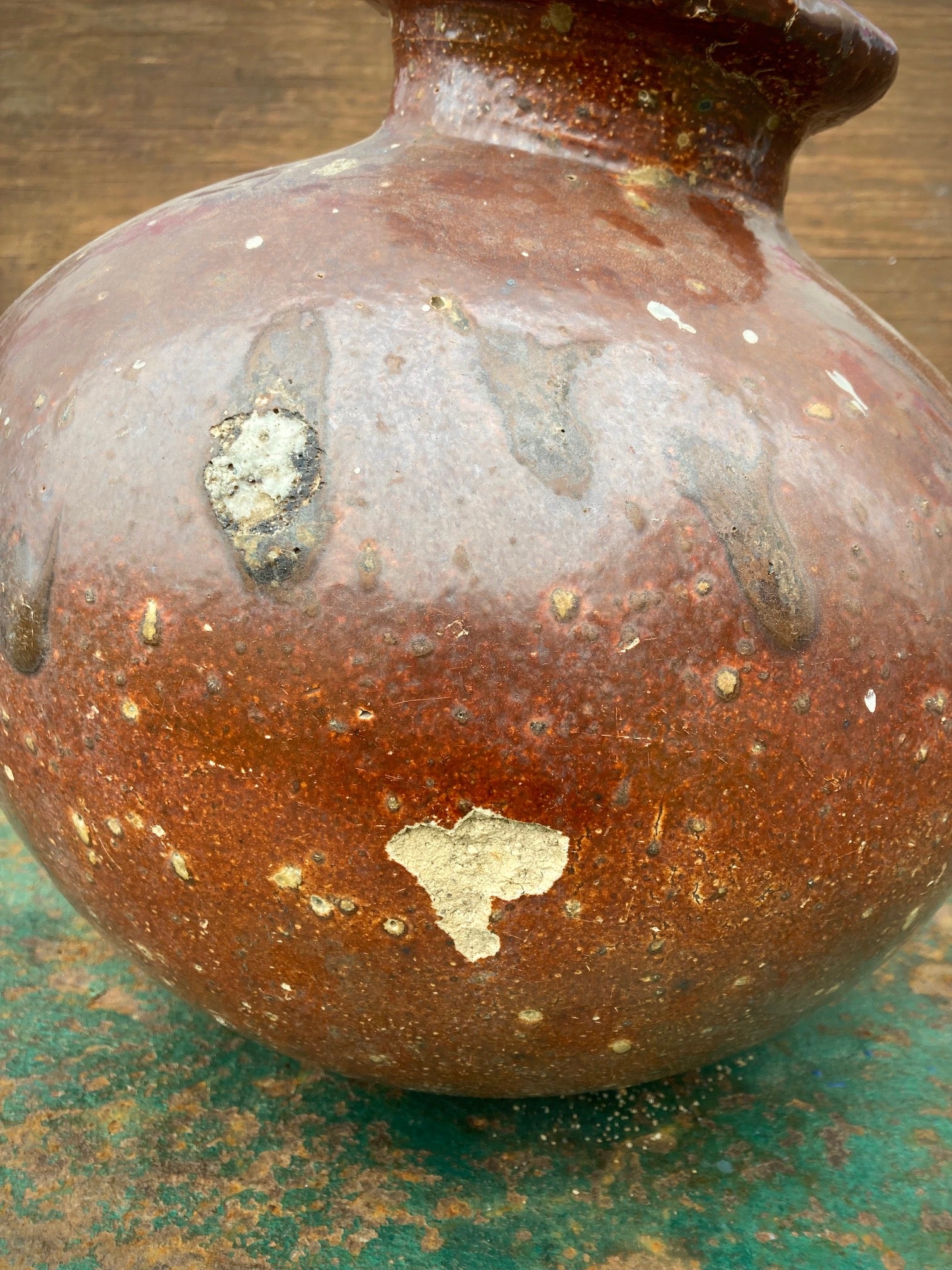 Antique Ceramic Glazed Pot- Crusty & Brown