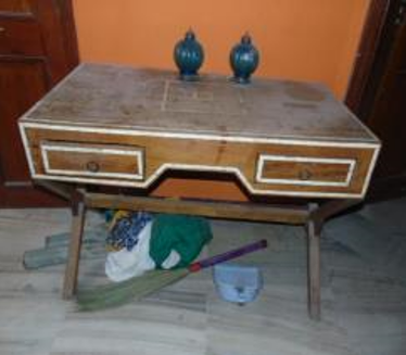 Antique petite vanity with bone inlay, original.