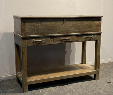 Antique raised trunk console in olive green weathered finish